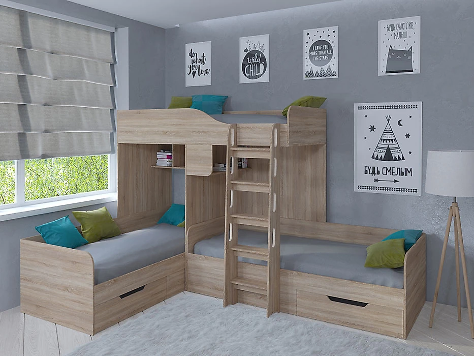 Детская кровать с ящиками для хранения Трио Дуб Сонома