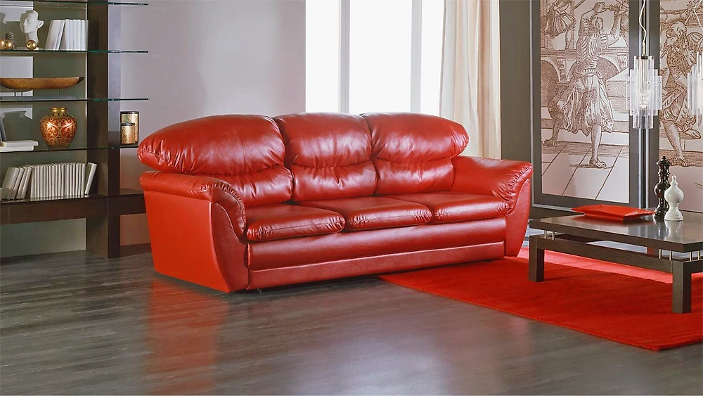 Красный диван Диона трехместный кожаный