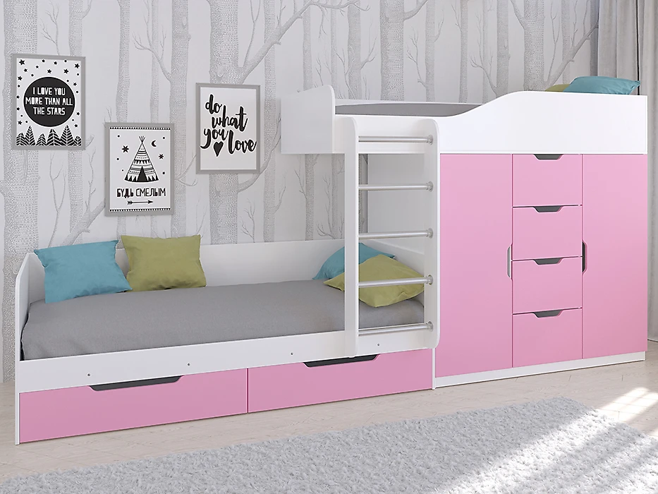 Детская кровать чердак  Астра-6 Белый/Розовый