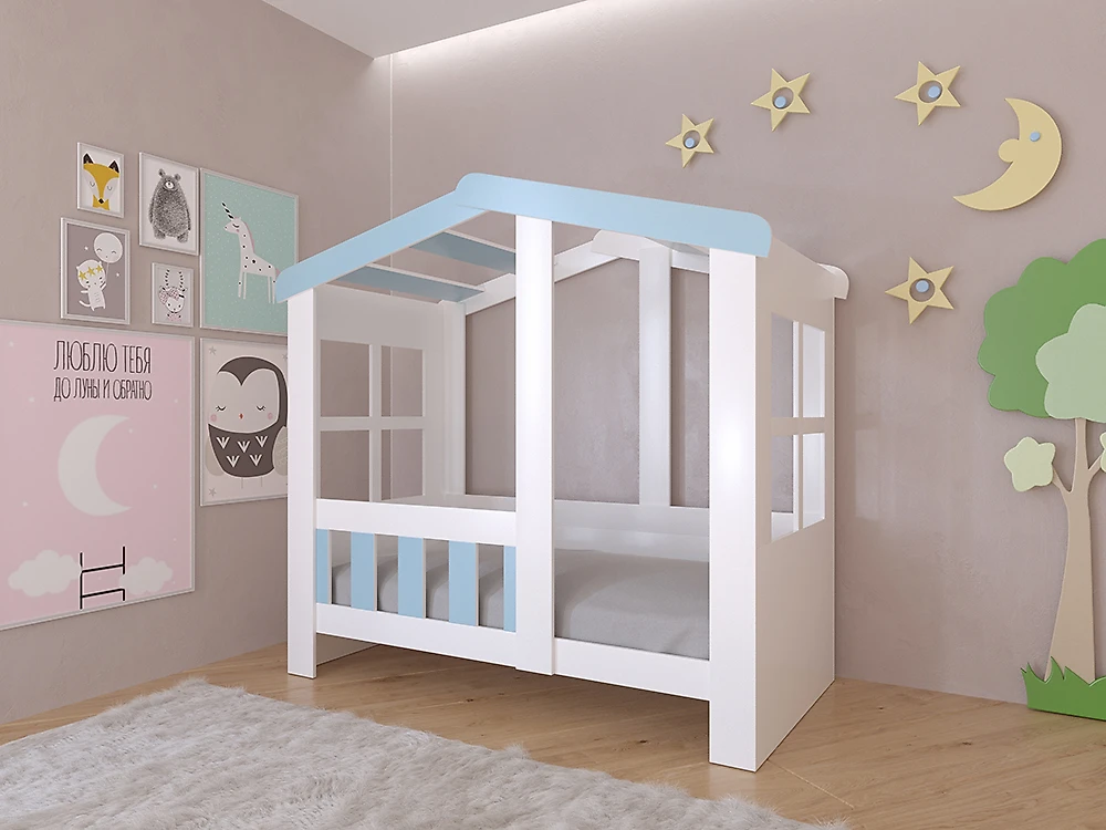 Высокая детская кровать Астра Домик Голубой