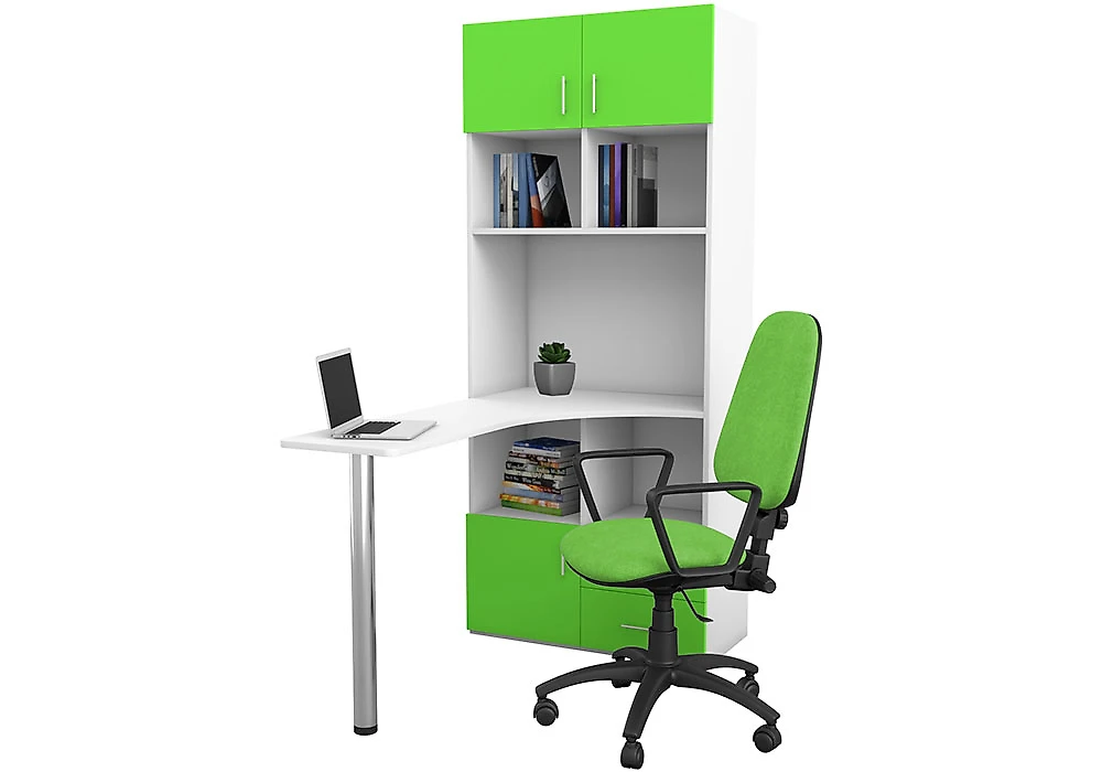 Компьютерный стол с надстройкой и шкафчиками GK ST 100 Белый-Зеленый со стеллажом