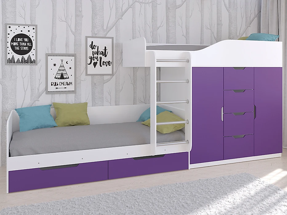 Детская кровать с ящиками для хранения Астра-6 Белый/Фиолетовый
